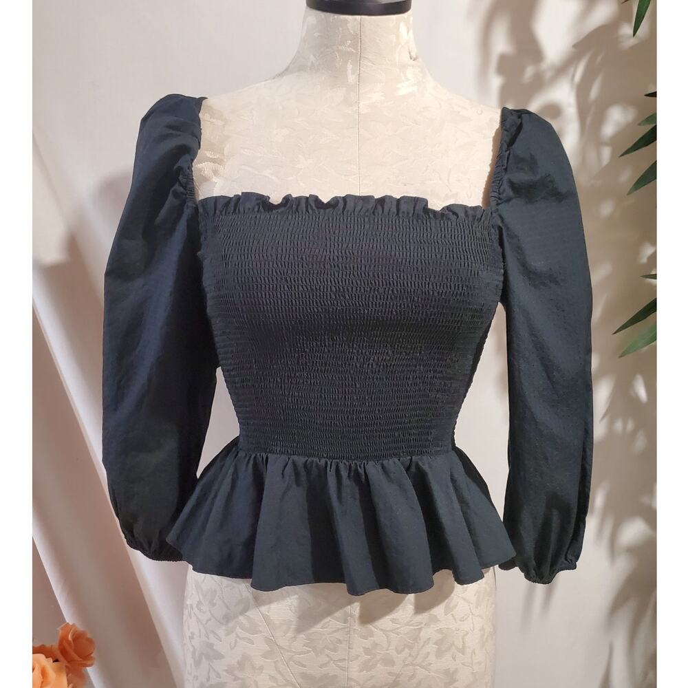 BCBGMaxazria Puff Sleeve Smocked Ruffle Crop Top XS Black Coquette Whimsigoth